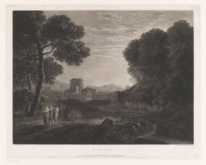 Paisaje con puerta y torre en la orilla de un río. Tarde (título en objeto) de William Woollett