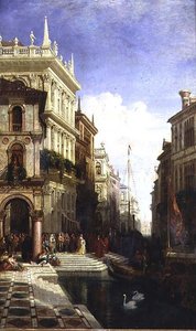 Vista caprichosa de Venecia con una princesa siendo mostrada a una góndola en la parte trasera de la Scuola di San Marco