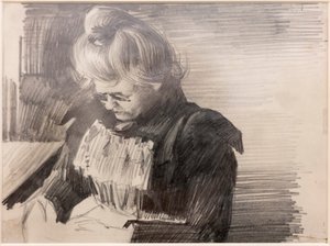 Una mujer cosiendo (Femme cousant) (Lápiz sobre papel) de William van Strydonck