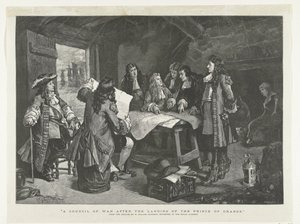 Guillermo III celebra consejo de guerra en la cabaña de un pescador, 1688 Un consejo de guerra tras el desembarco del Príncipe de Orange (título sobre el objeto) de Williamson