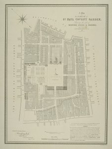 Mapa de la parroquia de St. Paul, Covent Garden, mostrando el sitio de Bedford House y terrenos, publicado por W.P. Metchim, 1686