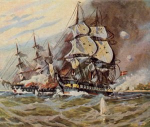 Baterías de playa alemanas cerca de Eckernförde, 5 de abril de 1849 (litografía en color mejorada)