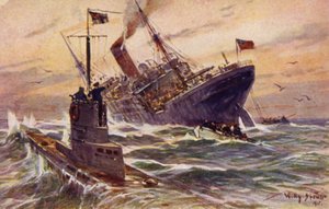 Destrucción de un barco mercante británico por un submarino alemán, Primera Guerra Mundial de Willy Stöwer