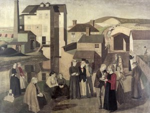 Una escena en una calle del pueblo con, manos de molino conversando