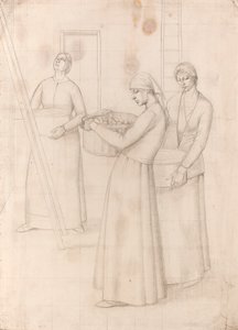 Estudio para "Diseño para decoración mural" - Tres mujeres con cestas de manzanas, c.1918 (lápiz sobre papel) de Winifred Knights