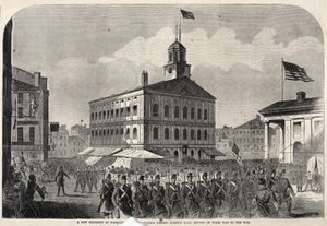 Un nuevo regimiento de voluntarios de Massachusetts pasa por Faneuil Hall, Boston, camino de la guerra. de Winslow Homer