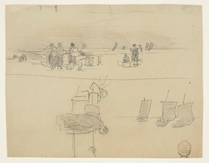 Escena de Playa con Mujeres Llevando Cestas, Cullercoats, Inglaterra de Winslow Homer