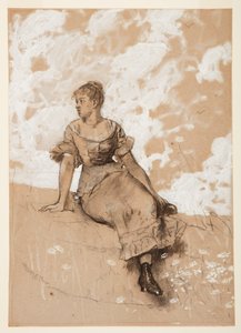 Dibujo, Una muchacha sentada; estudio para "El muro del jardín", 1878 de Winslow Homer