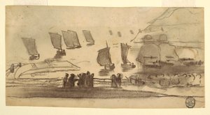 Dibujo, Escena de playa con gente y barcos de pesca, Cullercoats, Inglaterra, 1881-82