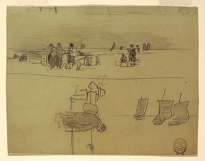 Dibujo, Escena de playa con mujeres llevando cestas, Cullercoats, Inglaterra, 1881-82 de Winslow Homer