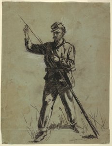 Dibujo, soldado de caballería cargando un rifle, 1863-64 de Winslow Homer