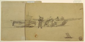 Dibujo, Hombres y mujeres descargando un bote de pesca, Cullercoats, Inglaterra, 1881-82