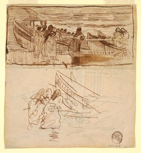 Dibujo, Dos estudios de mujeres observando la botadura de botes, Cullercoats, Inglaterra, 1881 de Winslow Homer