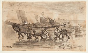 Pescadores varando un dory, Cullercoats, Inglaterra de Winslow Homer