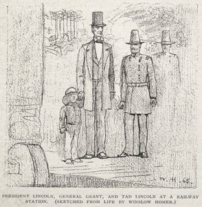 El presidente Lincoln, el general Grant y Tad Lincoln en una estación de tren de Winslow Homer