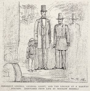 El presidente Lincoln, el general Grant y Tad Lincoln en una estación de tren, 1887 de Winslow Homer