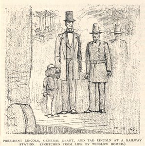 El presidente Lincoln, el general Grant y Tad Lincoln en una estación de ferrocarril, de The Century Magazine, noviembre de 1887. de Winslow Homer