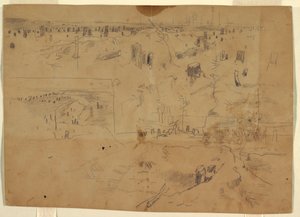 Estudios de un campo de batalla con tocones de árboles y troncos de árboles destrozados, Petersburg, Virginia