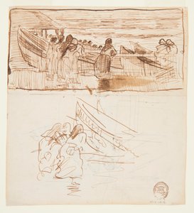Dos estudios de mujeres de pie detrás de una barandilla, mirando el lanzamiento de dories, Cullercoats, Inglaterra de Winslow Homer