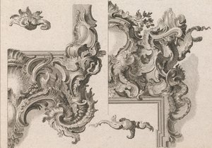 Sugerencia para la decoración de la parte inferior derecha y superior derecha de un marco de altar, impreso ca. 1750-56