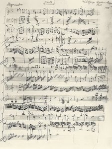 Inicio de la Sonata para Piano en La Menor, KV310. Autógrafo de Wolfgang Amadeus Mozart