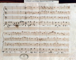 Página de partitura de Querite primum regnum Dei de Mozart para obtener el título de Accademico filarmonico (1770) de Wolfgang Amadeus Mozart