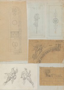 Página de un álbum de recortes que contiene dibujos y varias impresiones de arquitectura de Workshop of Charles Percier, Workshop of Pierre