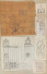 Página de un álbum de recortes que contiene dibujos y varias impresiones de arquitectura de Workshop of Charles Percier, Workshop of Pierre