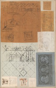 Página de un álbum de recortes que contiene dibujos y varias impresiones de arquitectura, ca. 1800-1850. Creadores: Taller de Charles Percier, Taller de Pierre François Léonard Fontaine de Workshop of Charles Percier, Workshop of Pierre