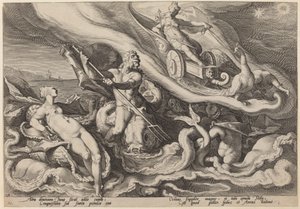 Juno quejándose a Océano y Tetis sobre Calisto de Workshop of Hendrick Goltzius, after Hendrick Goltzius