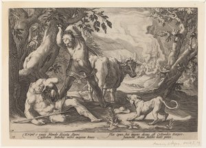 Paisaje con Mercurio levantando su espada para matar a un Argos dormido de Workshop of Hendrick Goltzius, after Hendrick Goltzius