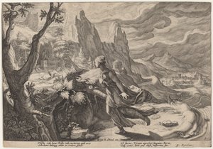 Thisbe asustada por el león de Workshop of Hendrick Goltzius, after Hendrick Goltzius