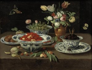 Fresas silvestres en un cuenco de porcelana china "kraak", moras en un segundo cuenco sobre un plato, varias flores en un jarrón de bronce, ciruelas damascenas en otro cuenco y nueces en un plato, con un melocotón, un ramito de cerezas y otras frutas, todo de Workshop of Jan van Kessel the Elder
