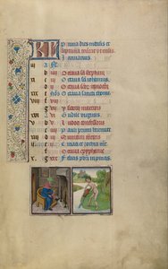 Un hombre calentándose junto al fuego; signo zodiacal de Acuario de Workshop of Willem Vrelant