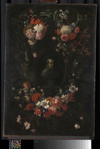 Busto esculpido y fingido del beato Jerónimo Werdanus, con una cartela de piedra fingida, decorada con un collar y dos ramos de flores