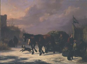 Un trineo tirado por caballos junto a una caseta de Wouterus Verschuur