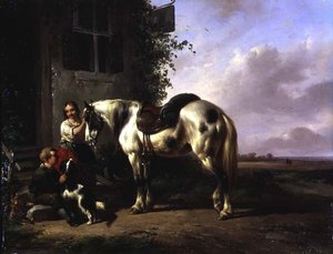 Exterior de una posada con niña, niño, perro, caballo de Wouterus Verschuur