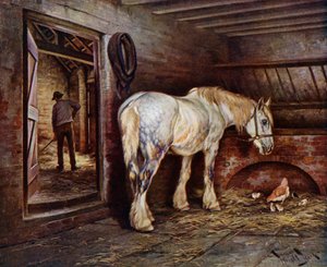 Al final del día: caballo en los establos mientras un hombre limpia (litografia en color)