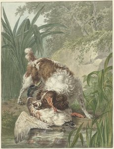 Un perro de caza atrapa un pato de Wybrand Hendriks