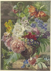 Bodegón con ramo de flores y nido de pájaro de Wybrand Hendriks