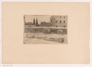 Paisaje con edificios y una figura trabajando de Xavier Mellery (attributed to)