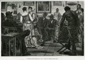 Un músico en el puerto de Amberes, donde los marineros pueden beber y bailar al sonido del órgano espinoso. Grabado por X.Mellery, para ilustrar la historia de Bélgica, por Camille Lemonnier, publicado en el Tour du monde, editado por Edouard Charton (1807