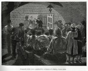 Sótano de Polichinelas, un sótano diseñado para espectáculos de marionetas. Ilustración de la historia de Bélgica, por Camille Lemonnier, publicado en Le tour du monde, editado por Edouard Charton (1807-1890) de Xavier Mellery