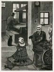 Interior de la vivienda y taller del tejedor, con el tejedor y la rueda, así como un niño con una falda de mimbre que le ayuda a dar sus primeros pasos. Ilustración de la historia “La Belgique”, por Camille Lemonnier (1844-1913)