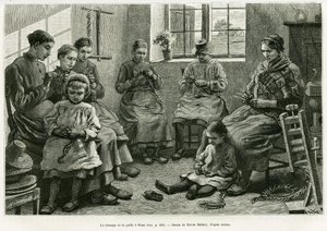 El trenzado de paja en Sluze. Grabado de Xavier Mellery para ilustrar la historia La Bélgica, por Camille Lemonnier, en Le Tour du monde 1886, dirigido por Edouard Charton (1807-1890), Hachette, París. de Xavier Mellery