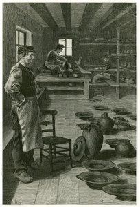 El alfarero de Terneuzen, en su taller, lleno de jarrones y platos, cerca de la ventana, el alfarero trabaja la arcilla en el arnés y su aprendiz, abajo, trabaja el torno. Ilustración de la historia “Bélgica”, en 1888, por Camille Lemonnier (1844-1913) de Xavier Mellery