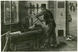 El saboteador de Terneuzen, tiene su establecimiento, agranda y excava la madera mediante cramms. Grabado por X. Mellery, después de la naturaleza, para ilustrar la historia "Bélgica", en 1888, por Camille Lemonnier (1844-1913), crítico de arte y escritor. de Xavier Mellery