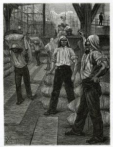 La descarga de un barco, los estibadores con sus cabezas cubiertas con una gorra de alquitrán, apilan las mercancías en los muelles del puerto de Amberes. Grabado de X.Mellery, para ilustrar la historia de Bélgica, por Camille Lemonnier, publicado en el To