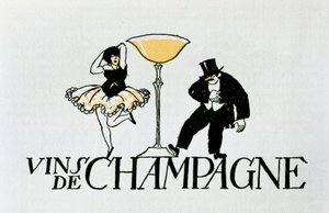 Viñeta publicitaria para vinos de champán representando a una pareja bailando alrededor de una copa, siglo XX
