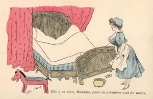 Criada ordenando una cama desgastada